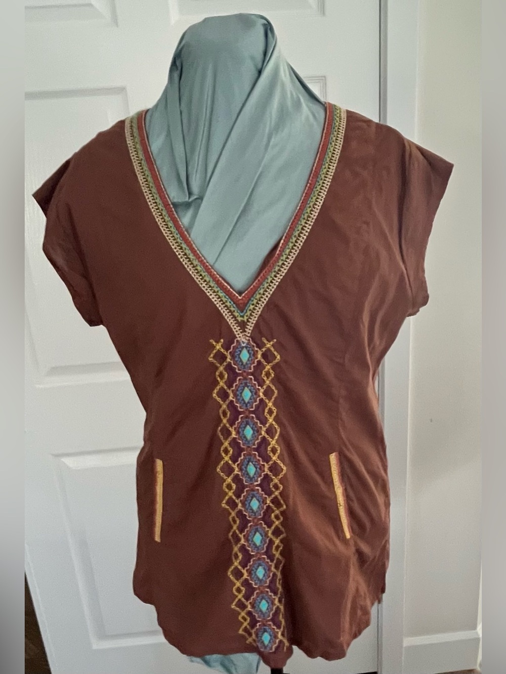 Brown Embroidered Cotton V-Neck Women’s Top with Cap sleeves